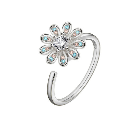 Crystal and Cubic Zirconia Silver-Plated Rotating Flower Open Ring, silver statement rings for women, side view