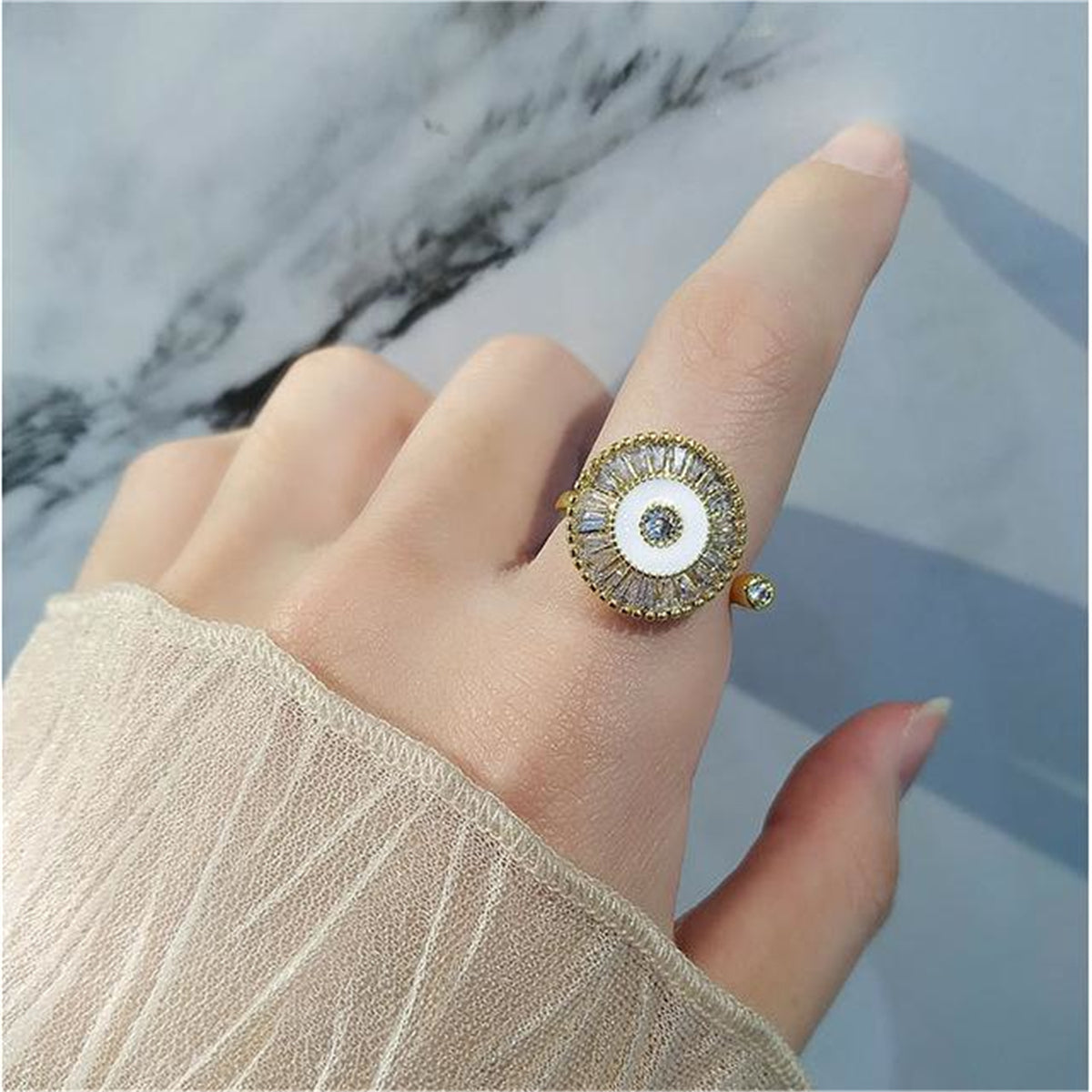 Crystal and 18K Gold-Plated Rotating Round Open Ring, gold statement rings for women, everyday style, styled look