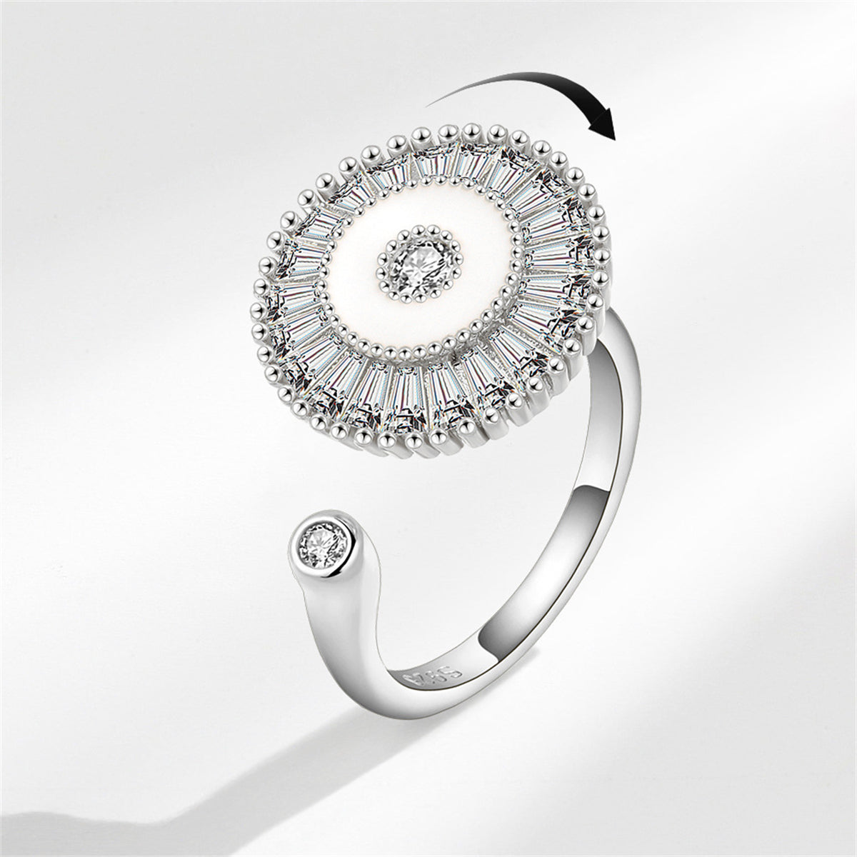 Crystal and Enamel Silver-Plated Rotating Round Open Ring, silver statement rings for women, everyday style, front view