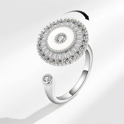 Crystal and Enamel Silver-Plated Rotating Round Open Ring, silver statement rings for women, everyday style, front view