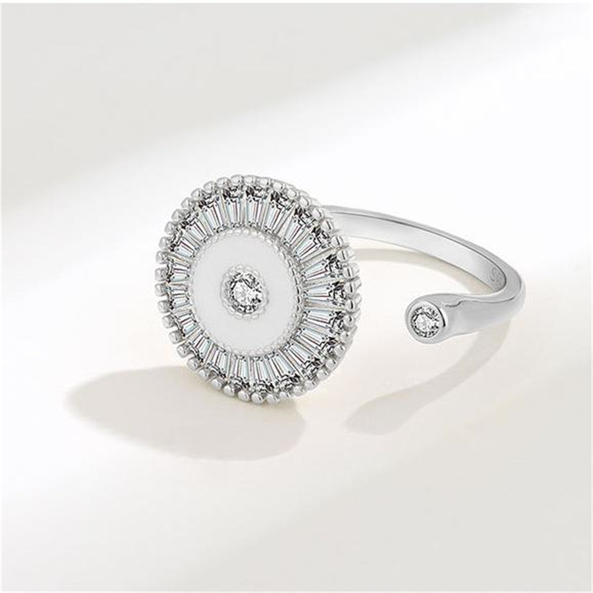 Crystal and Enamel Silver-Plated Rotating Round Open Ring, silver statement rings for women, everyday style, detail close-up