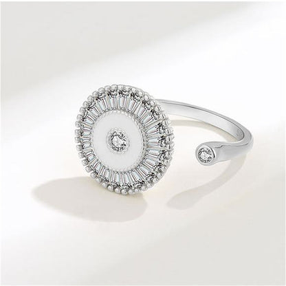 Crystal and Enamel Silver-Plated Rotating Round Open Ring, silver statement rings for women, everyday style, detail close-up