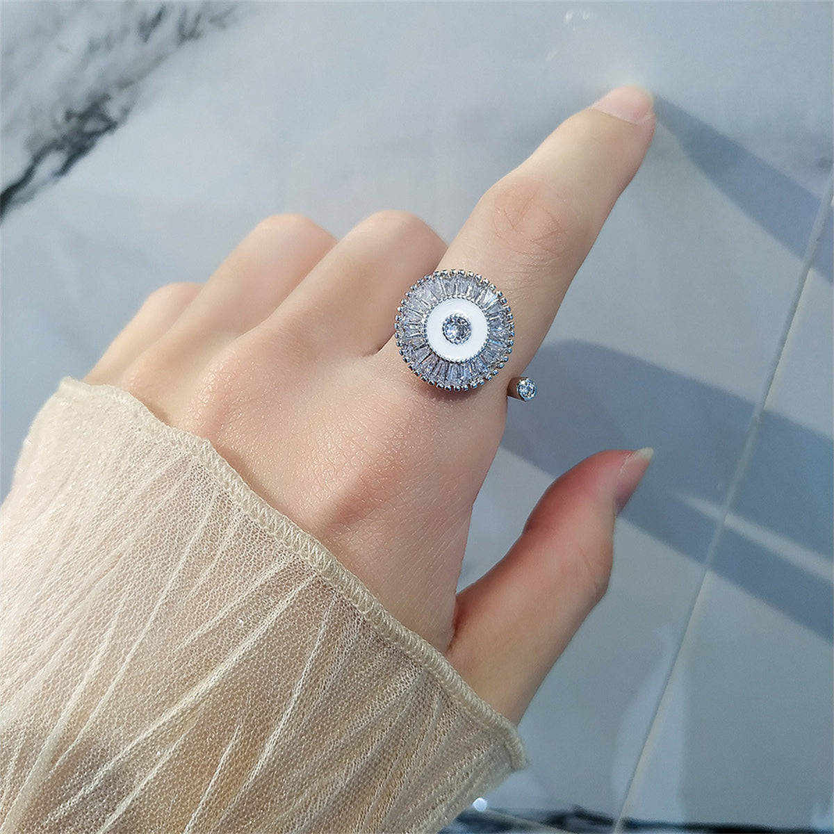 Crystal and Enamel Silver-Plated Rotating Round Open Ring, silver statement rings for women, everyday style, lifestyle look