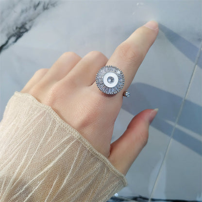 Crystal and Enamel Silver-Plated Rotating Round Open Ring, silver statement rings for women, everyday style, lifestyle look