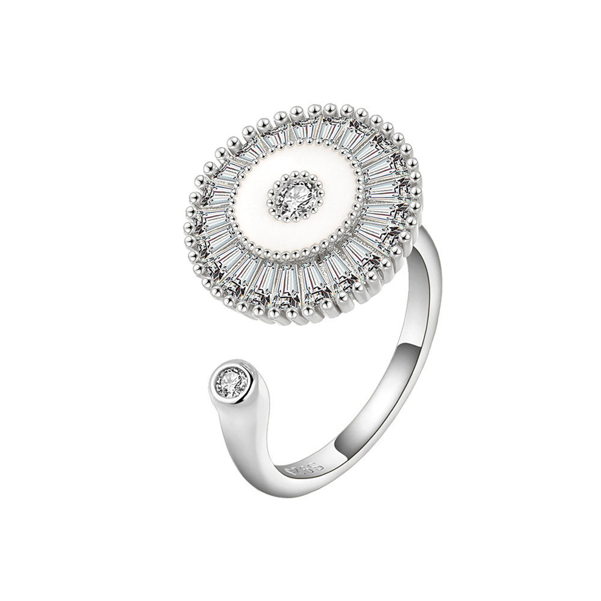 Crystal and Enamel Silver-Plated Rotating Round Open Ring, silver statement rings for women, everyday style, side view
