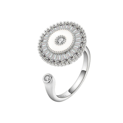Crystal and Enamel Silver-Plated Rotating Round Open Ring, silver statement rings for women, everyday style, side view