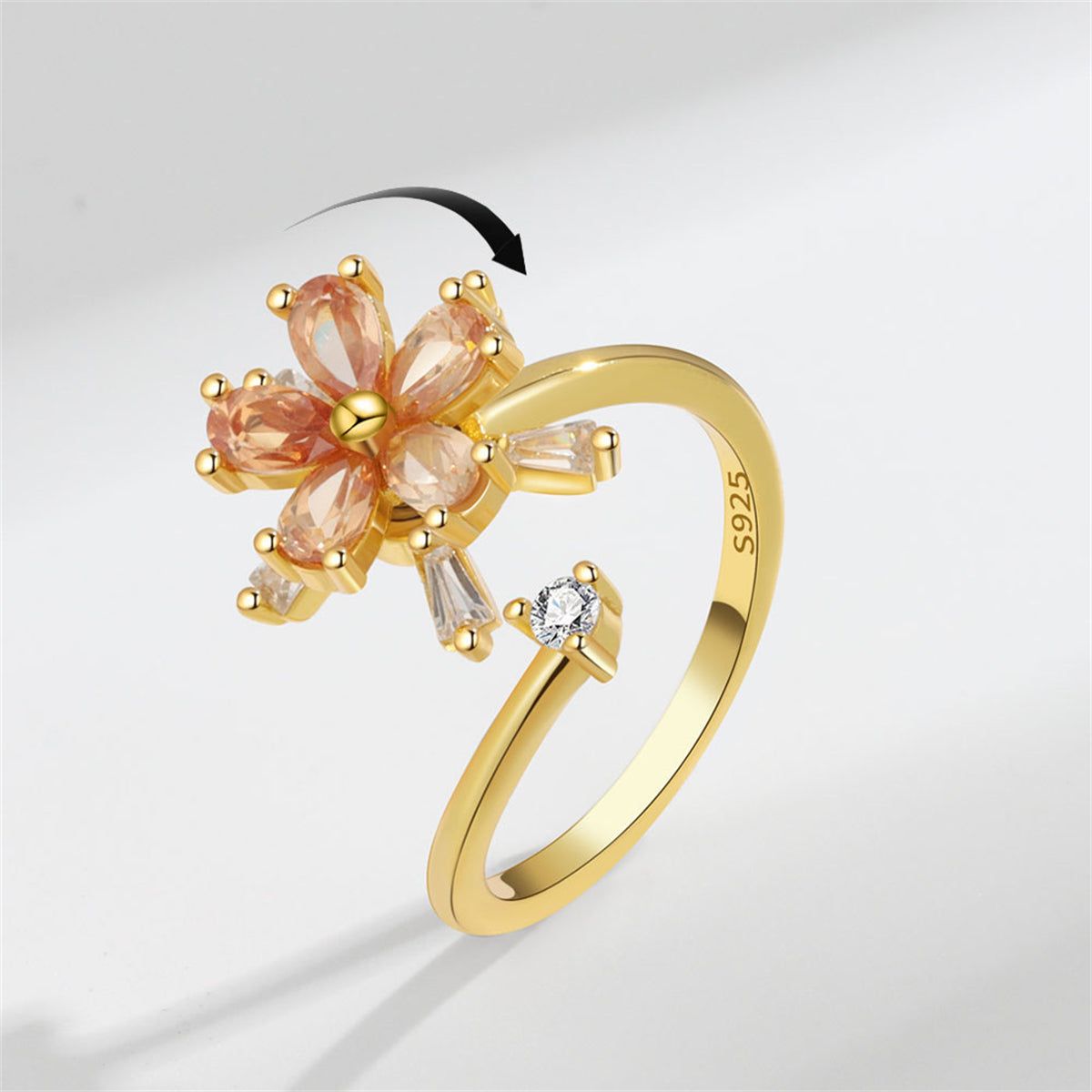 Champagne Crystal and Cubic Zirconia 18K Gold-Plated Rotating Floral Ring, gold statement rings for women, front view