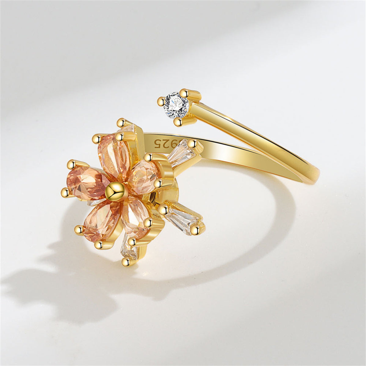 Champagne Crystal and Cubic Zirconia 18K Gold-Plated Rotating Floral Ring, gold statement rings for women, detail close-up