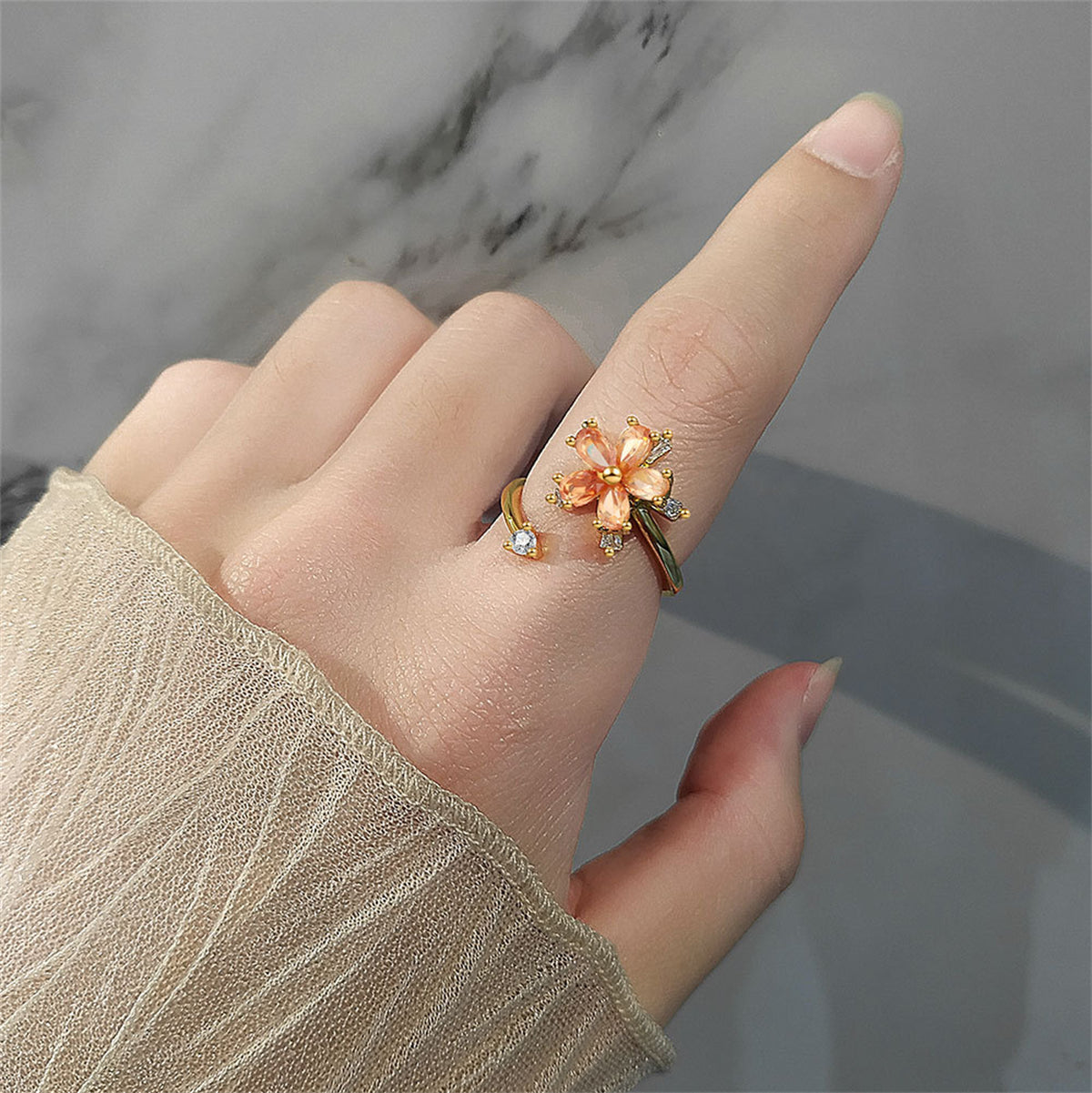 Champagne Crystal and Cubic Zirconia 18K Gold-Plated Rotating Floral Ring, gold statement rings for women, styled look