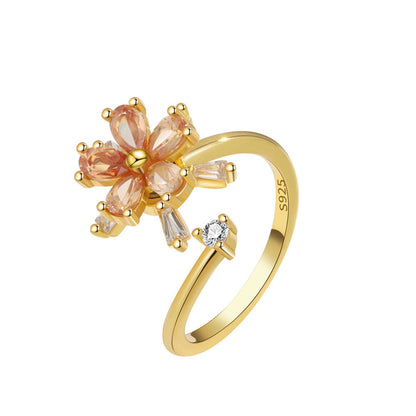 Champagne Crystal and Cubic Zirconia 18K Gold-Plated Rotating Floral Ring, gold statement rings for women, side view