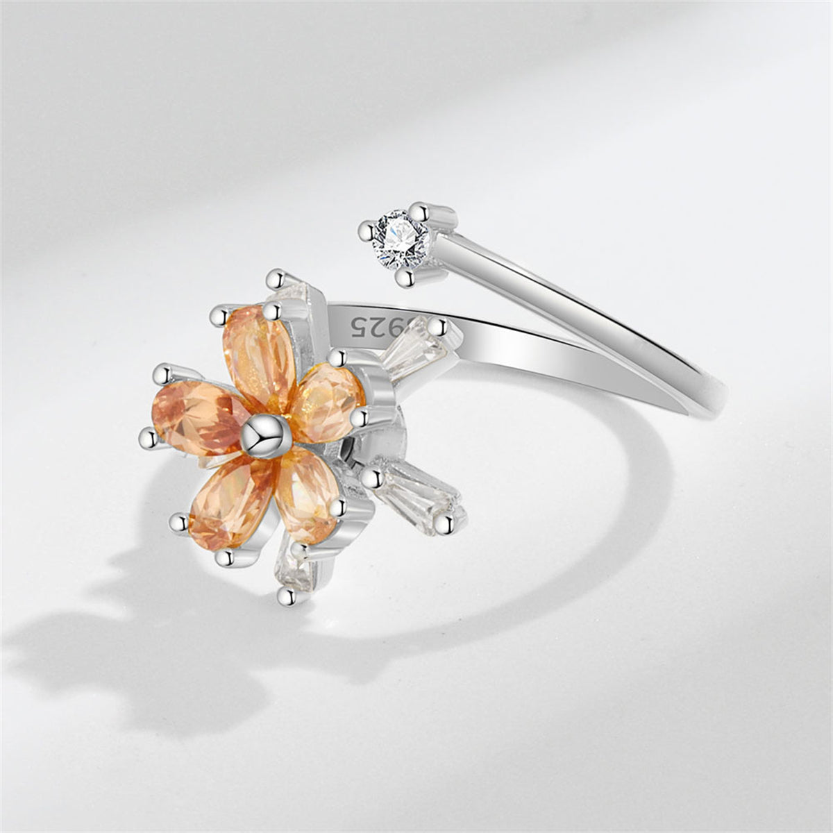 Champagne Crystal and Cubic Zirconia Rotating Floral Bypass Ring, statement rings for women, front view