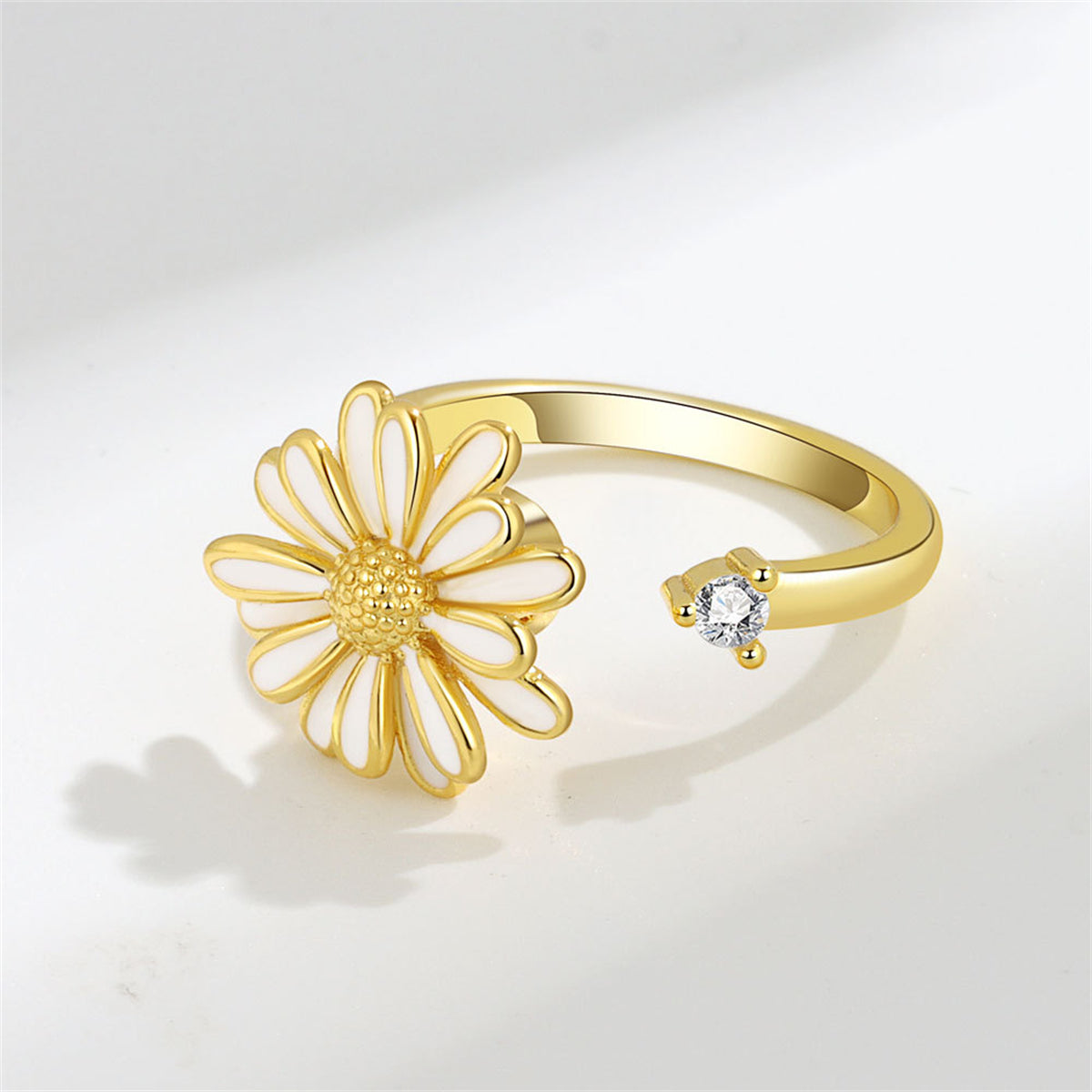 White Enamel and 18K Gold-Plated Cubic Zirconia-Accent Rotatable Mum Open Ring, gold statement rings for women, front view