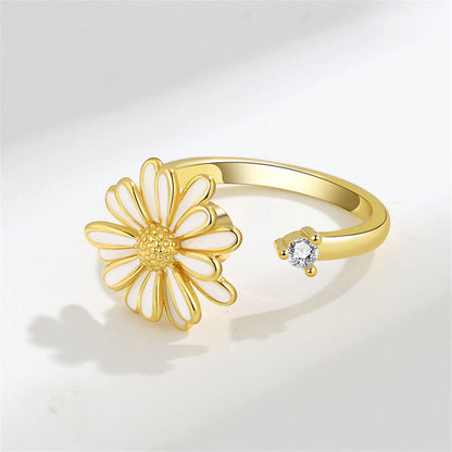 White Enamel and 18K Gold-Plated Cubic Zirconia-Accent Rotatable Mum Open Ring, gold statement rings for women, front view
