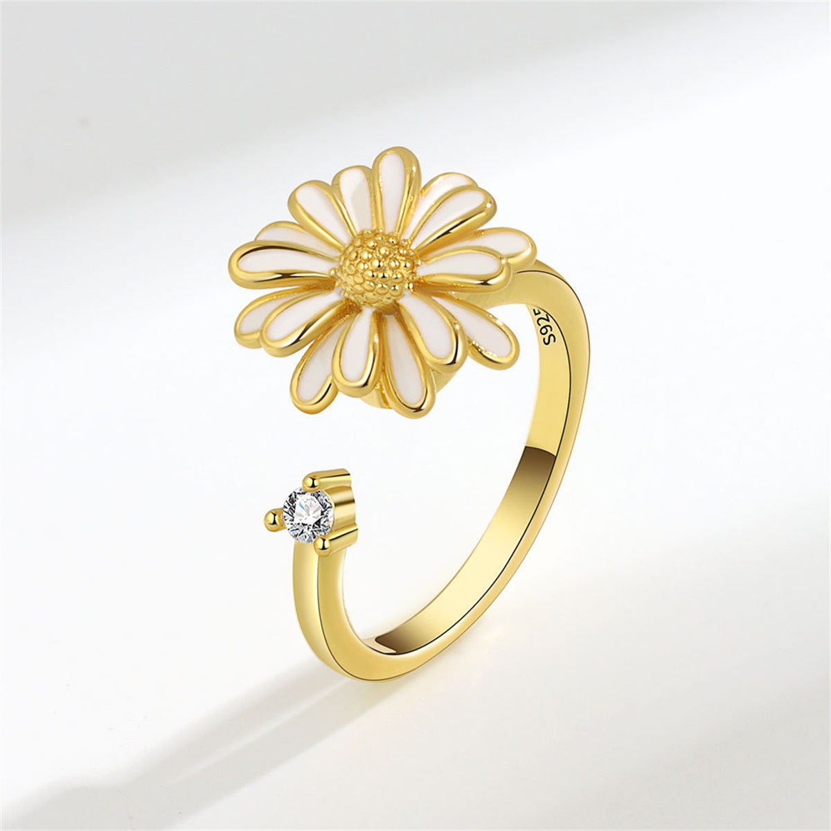White Enamel and 18K Gold-Plated Cubic Zirconia-Accent Rotatable Mum Open Ring, gold statement rings for..., detail close-up
