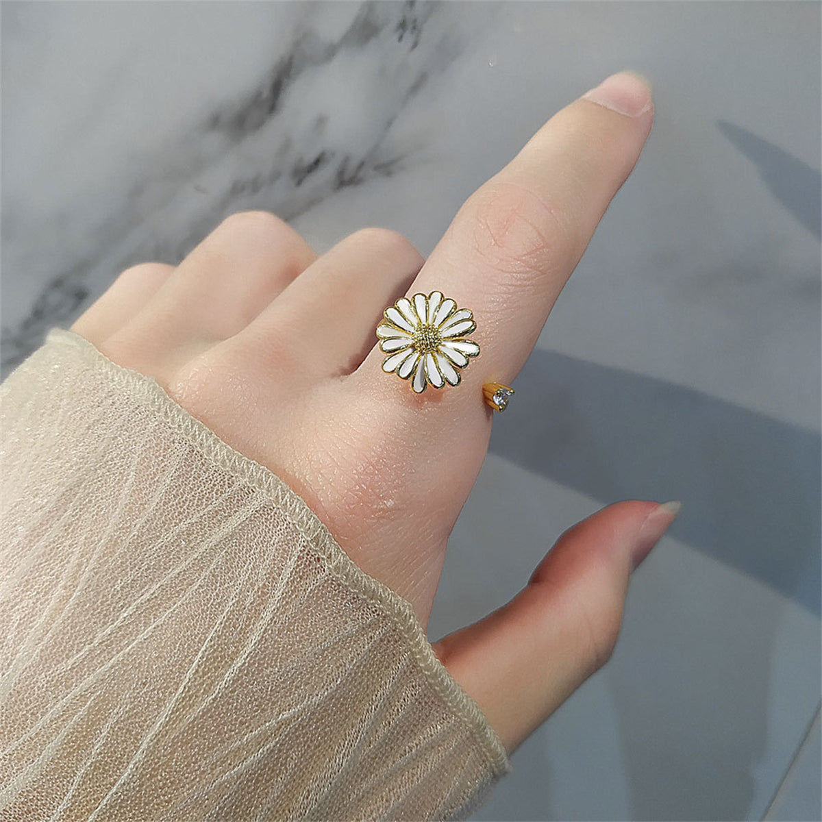 White Enamel and 18K Gold-Plated Cubic Zirconia-Accent Rotatable Mum Open Ring, gold statement rings for..., lifestyle look