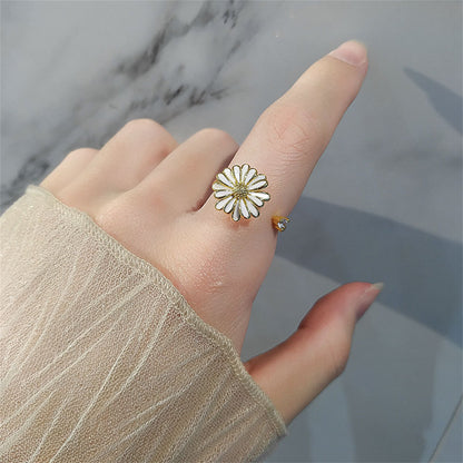 White Enamel and 18K Gold-Plated Cubic Zirconia-Accent Rotatable Mum Open Ring, gold statement rings for..., lifestyle look