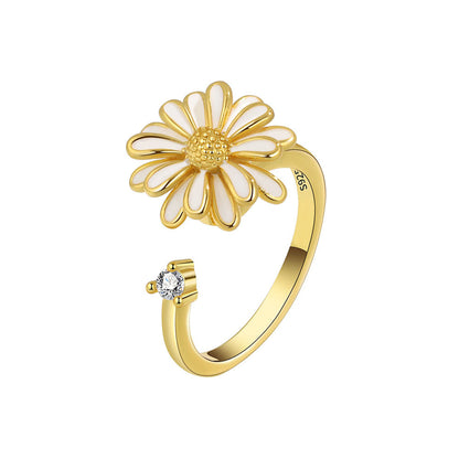 White Enamel and 18K Gold-Plated Cubic Zirconia-Accent Rotatable Mum Open Ring, gold statement rings for women, side view
