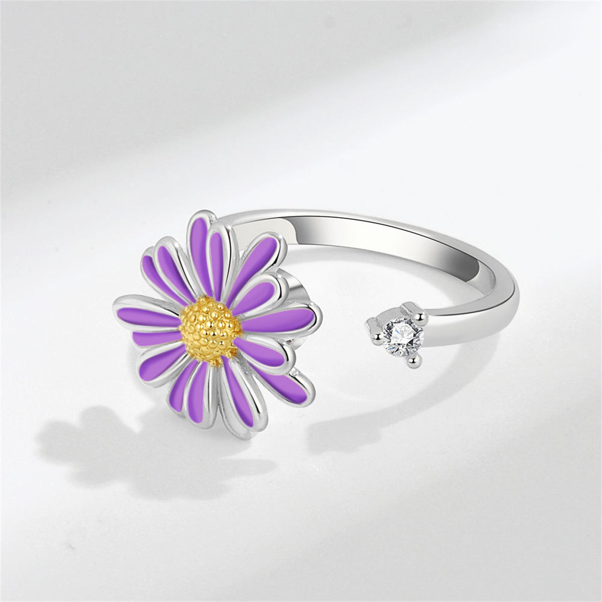 Enamel and Silver-Plated Cubic Zirconia-Accent Rotatable Mum Open Ring, silver statement rings for women, front view