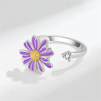 Enamel and Silver-Plated Cubic Zirconia-Accent Rotatable Mum Open Ring, silver statement rings for women, front view