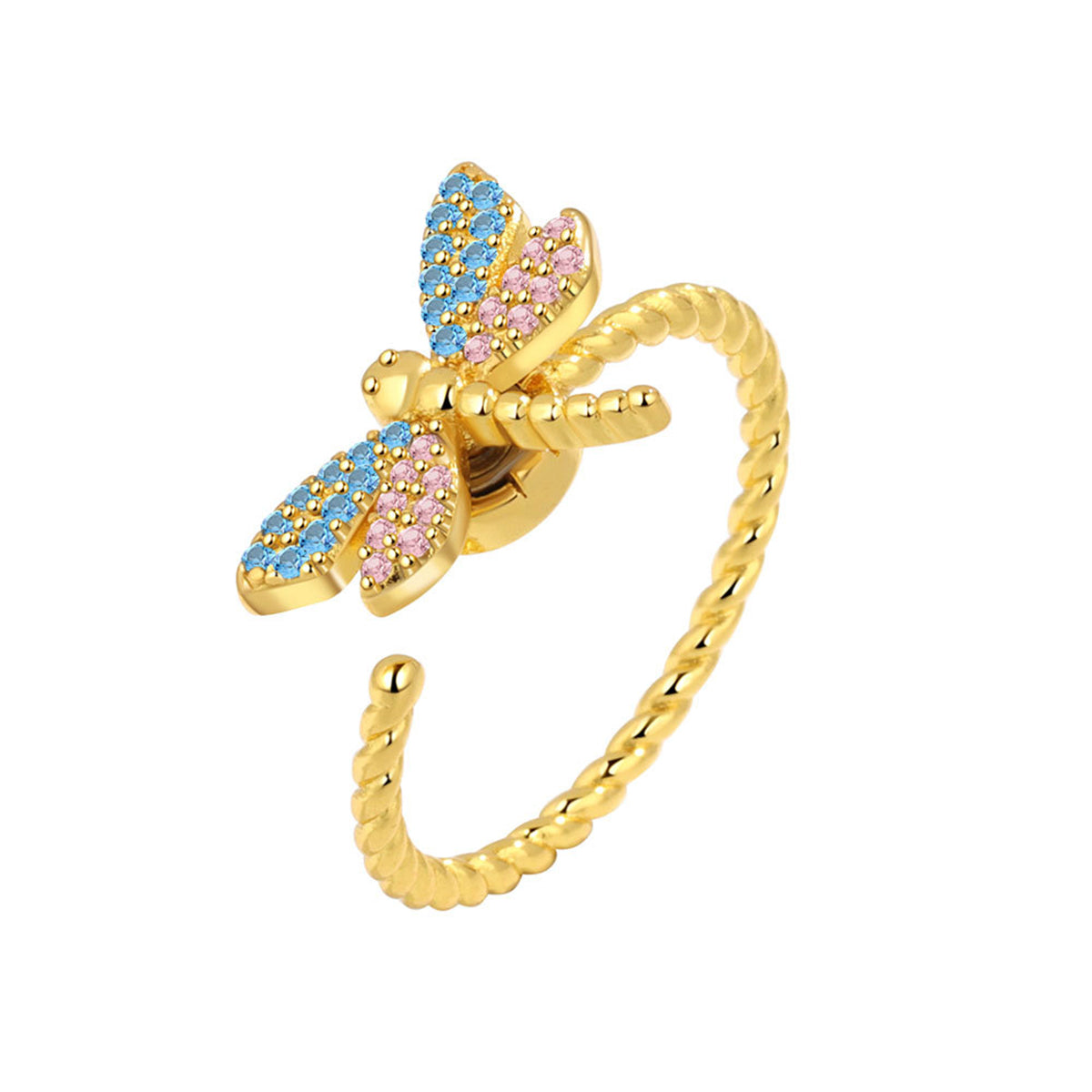 Pink Cubic Zirconia and 18K Gold-Plated Rotating Dragonfly Open Ring, gold statement rings for women, front view