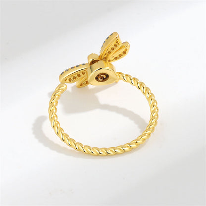 Pink Cubic Zirconia and 18K Gold-Plated Rotating Dragonfly Open Ring, gold statement rings for women, side view
