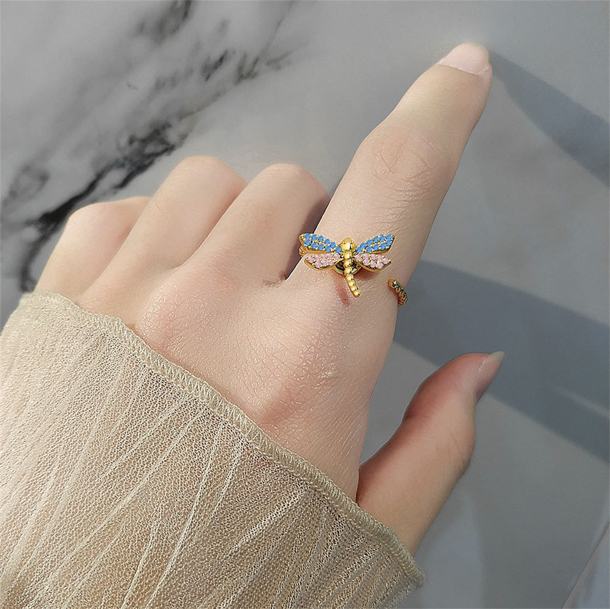 Pink Cubic Zirconia and 18K Gold-Plated Rotating Dragonfly Open Ring, gold statement rings for women, detail close-up