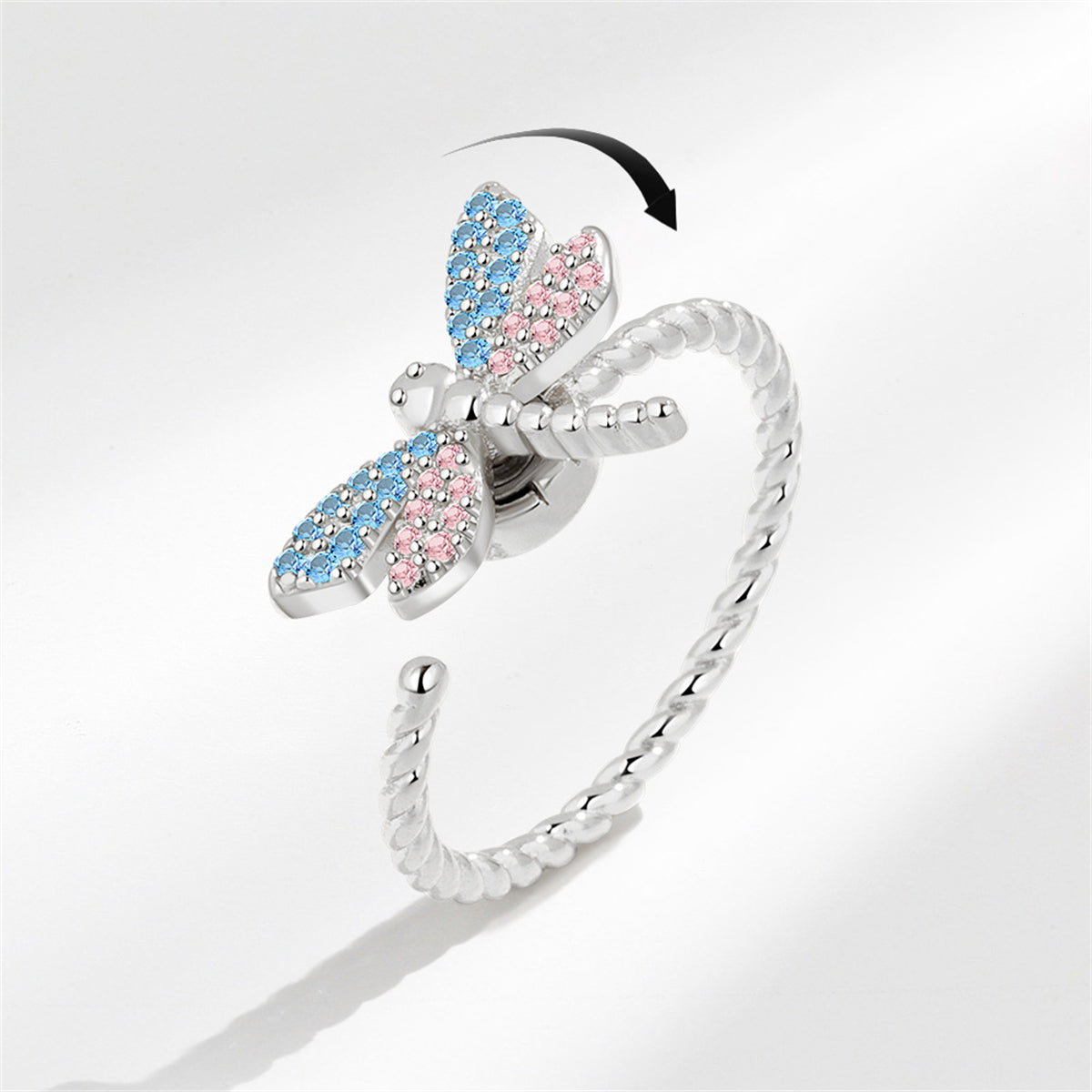 Blue and Pink Cubic Zirconia Silver-Plated Rotating Dragonfly Open Ring, silver statement rings for women, front view