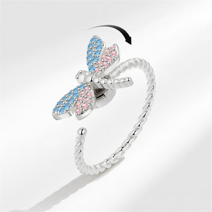 Blue and Pink Cubic Zirconia Silver-Plated Rotating Dragonfly Open Ring, silver statement rings for women, front view
