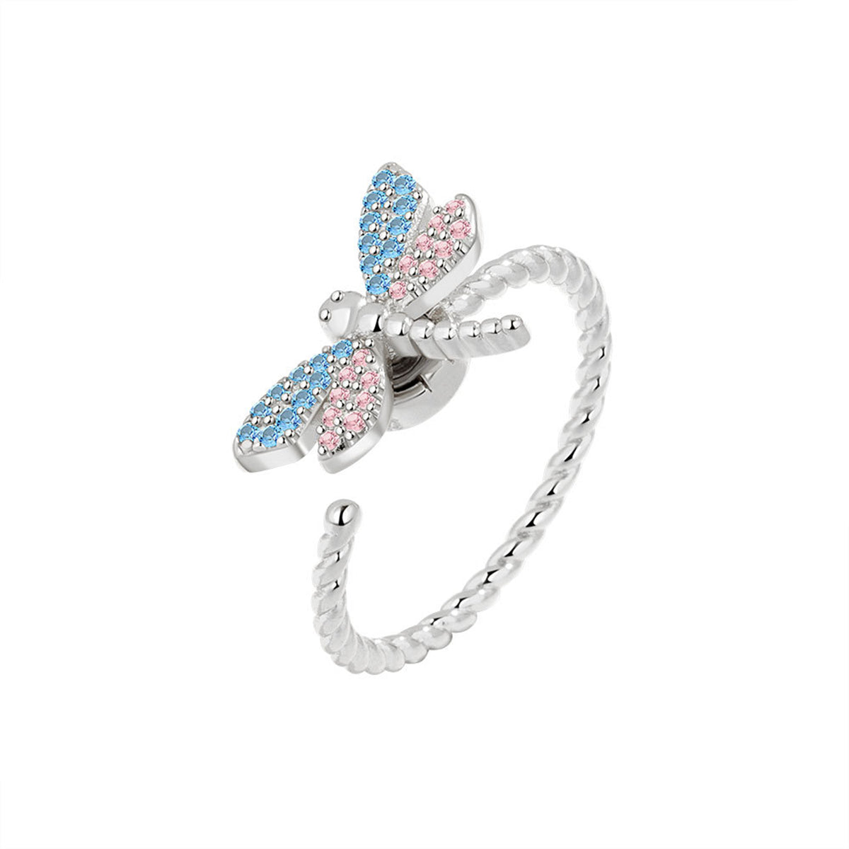 Blue and Pink Cubic Zirconia Silver-Plated Rotating Dragonfly Open Ring, silver statement rings for women, side view
