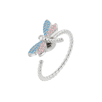 Blue and Pink Cubic Zirconia Silver-Plated Rotating Dragonfly Open Ring, silver statement rings for women, side view