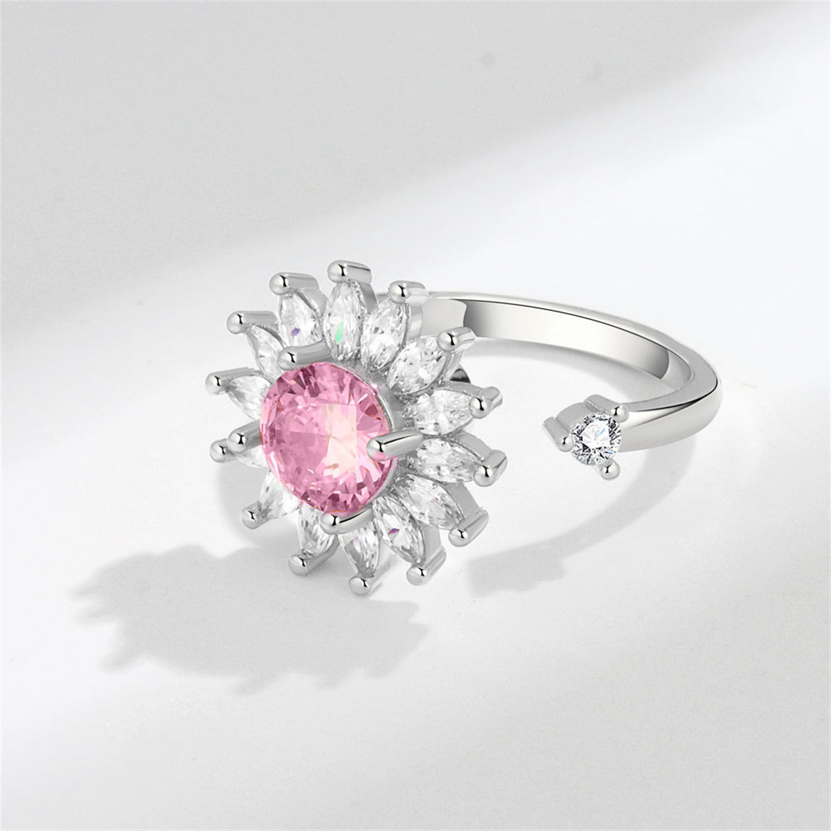 Pink Crystal and Cubic Zirconia Rotating Sunflower Ring, statement rings for women, elegant gift for her, side view
