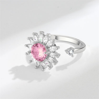 Pink Crystal and Cubic Zirconia Rotating Sunflower Ring, statement rings for women, elegant gift for her, side view