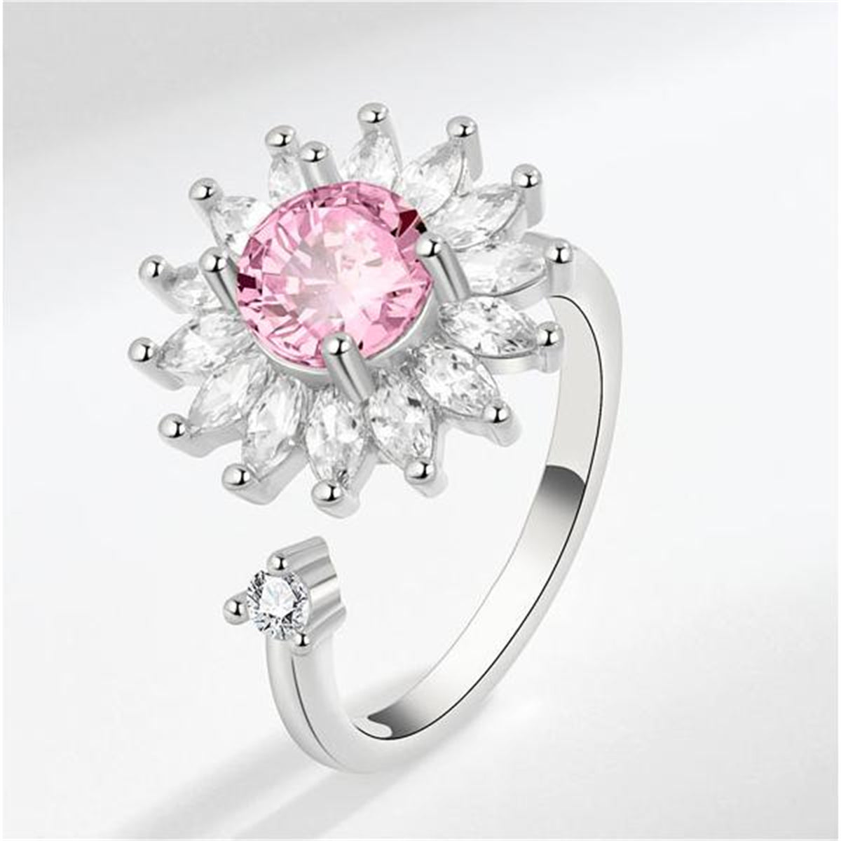 Pink Crystal and Cubic Zirconia Rotating Sunflower Ring, statement rings for women, elegant gift for her, front view