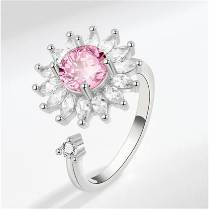 Pink Crystal and Cubic Zirconia Rotating Sunflower Ring, statement rings for women, elegant gift for her, front view
