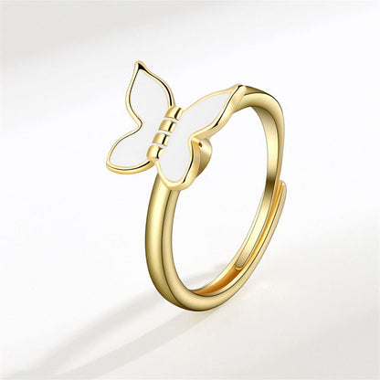 White Enamel and 18K Gold-Plated Rotating Butterfly Ring, gold statement rings for women, dainty minimalist design, side view