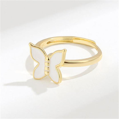 White Enamel and 18K Gold-Plated Rotating Butterfly Ring, gold statement rings for women, detail close-up