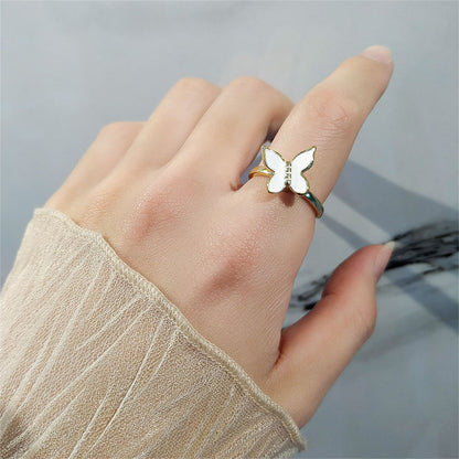 White Enamel and 18K Gold-Plated Rotating Butterfly Ring, gold statement rings for women, lifestyle look