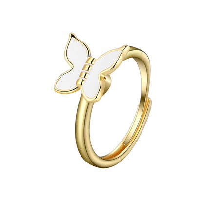White Enamel and 18K Gold-Plated Rotating Butterfly Ring, gold statement rings for women, front view