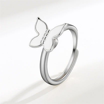 White Enamel and Silver-Plated Rotatable Butterfly Adjustable Ring, silver statement rings for women, front view