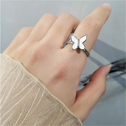 White Enamel and Silver-Plated Rotatable Butterfly Adjustable Ring, silver statement rings for women, side view