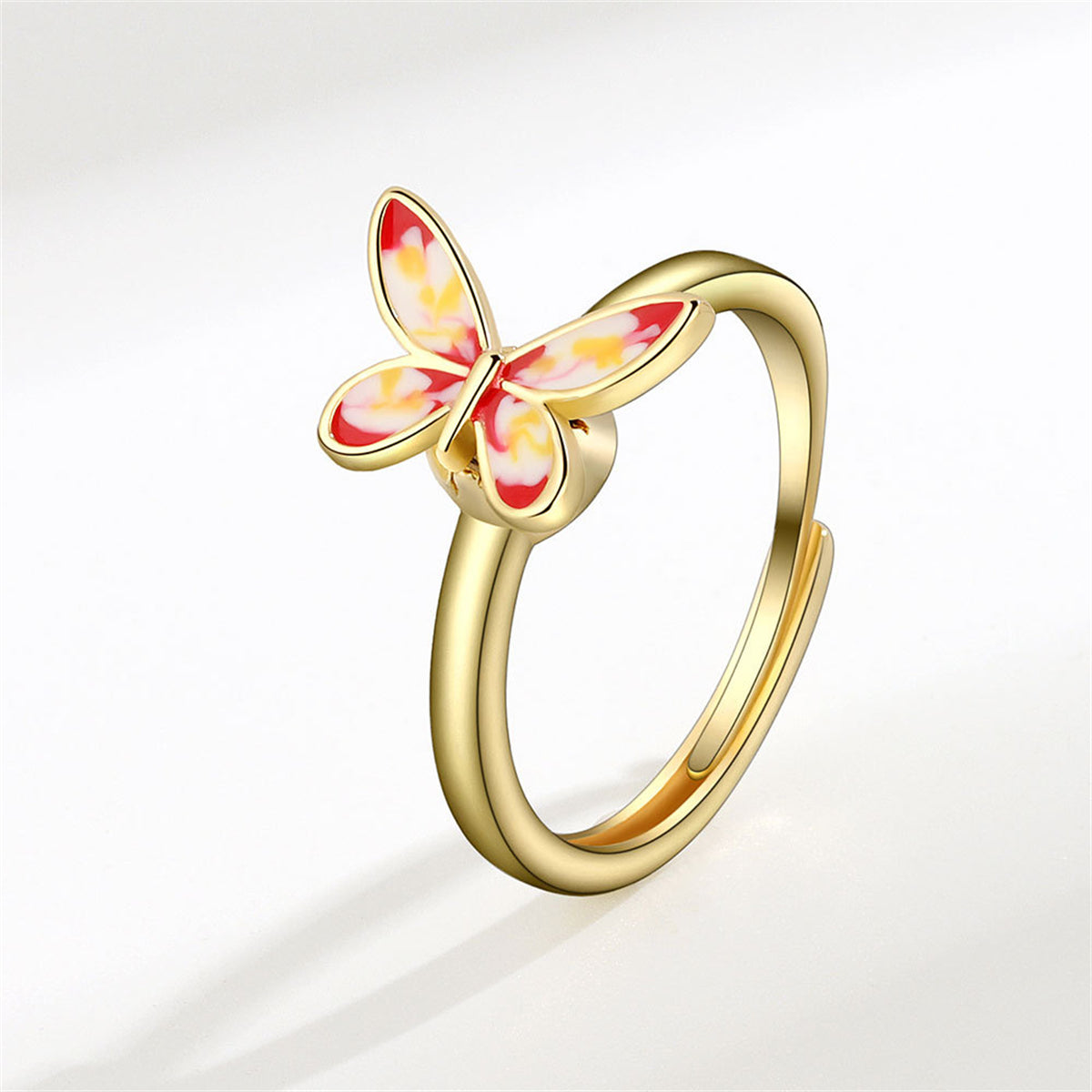 Pink Enamel and 18K Gold-Plated Rotating Butterfly Adjustable Ring, gold statement rings for women, front view