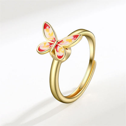 Pink Enamel and 18K Gold-Plated Rotating Butterfly Adjustable Ring, gold statement rings for women, front view