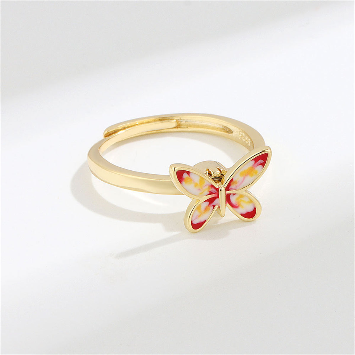 Pink Enamel and 18K Gold-Plated Rotating Butterfly Adjustable Ring, gold statement rings for women, side view