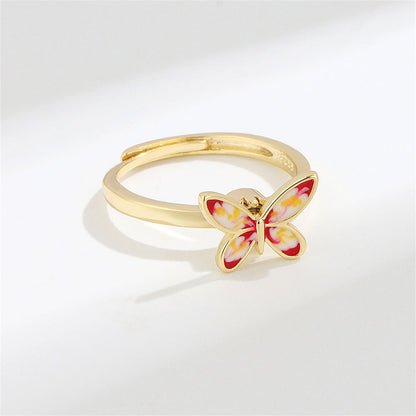 Pink Enamel and 18K Gold-Plated Rotating Butterfly Adjustable Ring, gold statement rings for women, side view
