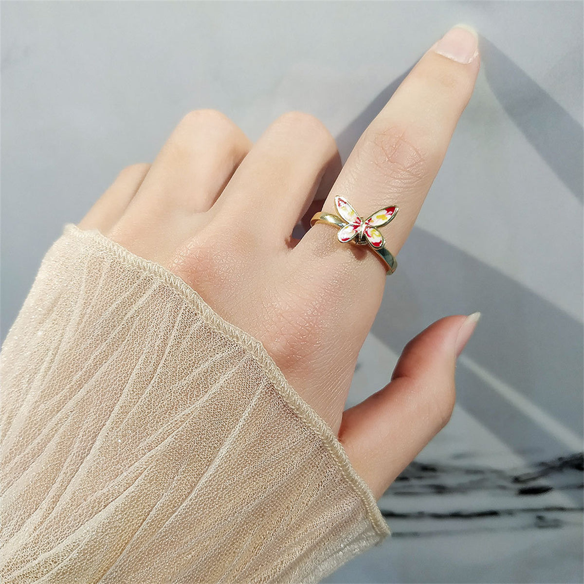 Pink Enamel and 18K Gold-Plated Rotating Butterfly Adjustable Ring, gold statement rings for women, detail close-up