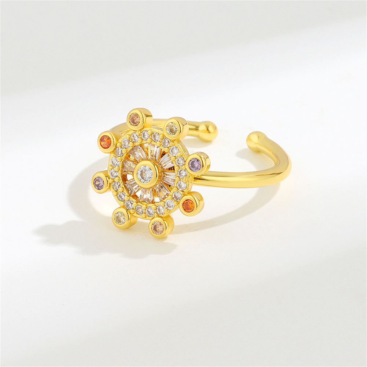 Cubic Zirconia and 18K Gold-Plated Rotating Rudder Open Ring, gold statement rings for women, front view