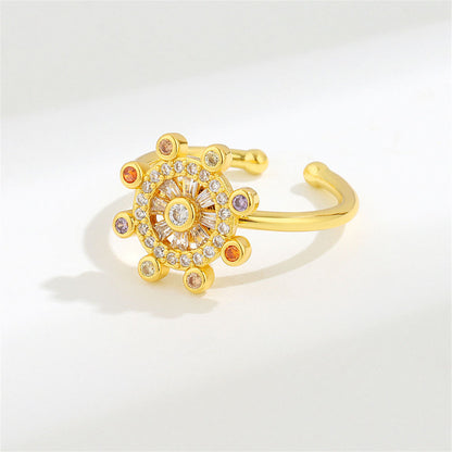 Cubic Zirconia and 18K Gold-Plated Rotating Rudder Open Ring, gold statement rings for women, front view