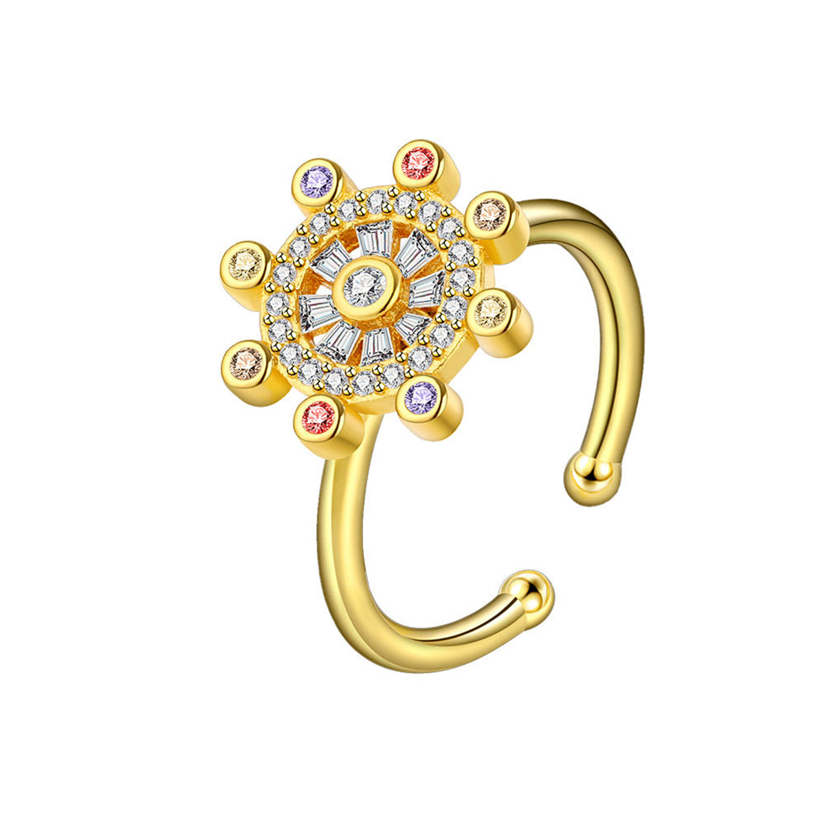 Cubic Zirconia and 18K Gold-Plated Rotating Rudder Open Ring, gold statement rings for women, side view