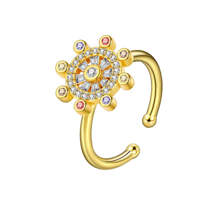 Cubic Zirconia and 18K Gold-Plated Rotating Rudder Open Ring, gold statement rings for women, side view