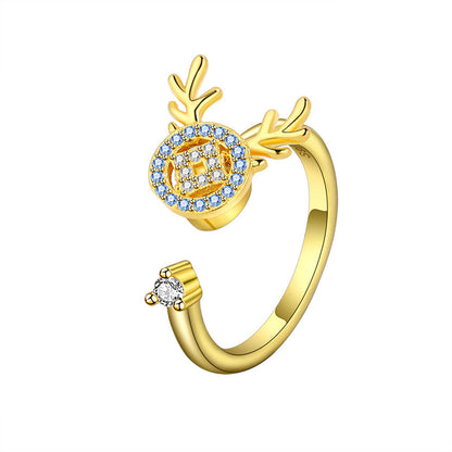 Blue Cubic Zirconia and 18K Gold-Plated Antler Rotating Open Ring, gold statement rings for women, front view